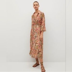 Mango Floral Print Long Sleeve Belt Dress Chiffon Lined Flared Design sz 10